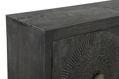 95" Black Distressed Solid Wood Carved Geometric Sideboard with Six Doors HomeRoots