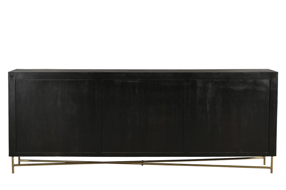95" Black Distressed Solid Wood Carved Geometric Sideboard with Six Doors HomeRoots
