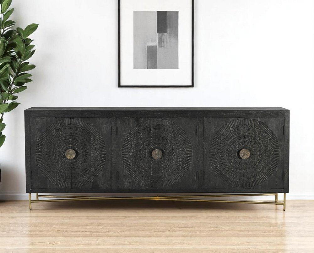 95" Black Distressed Solid Wood Carved Geometric Sideboard with Six Doors HomeRoots