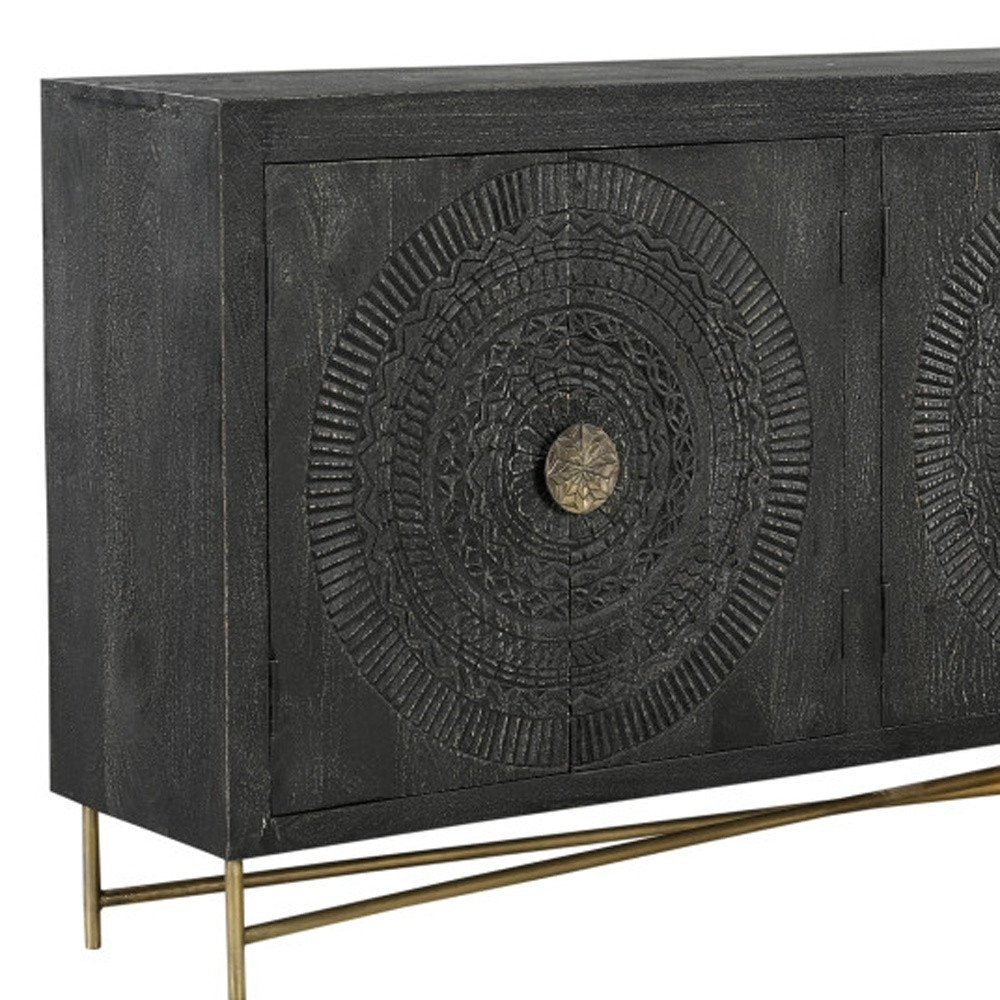 95" Black Distressed Solid Wood Carved Geometric Sideboard with Six Doors HomeRoots
