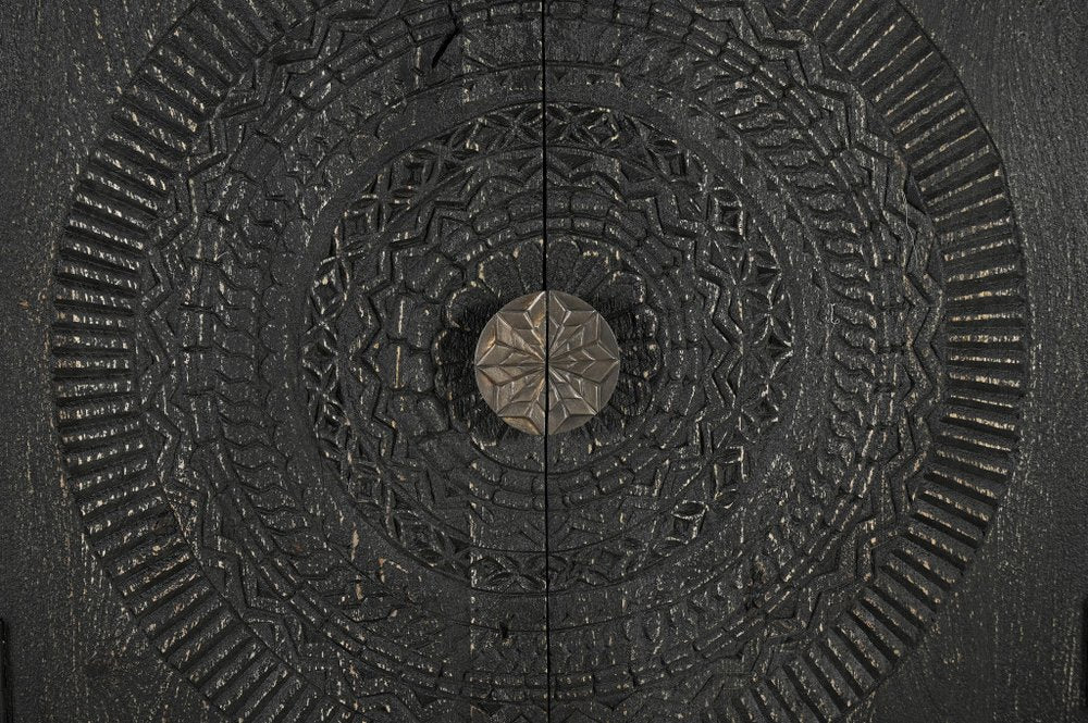 95" Black Distressed Solid Wood Carved Geometric Sideboard with Six Doors HomeRoots