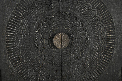 95" Black Distressed Solid Wood Carved Geometric Sideboard with Six Doors HomeRoots