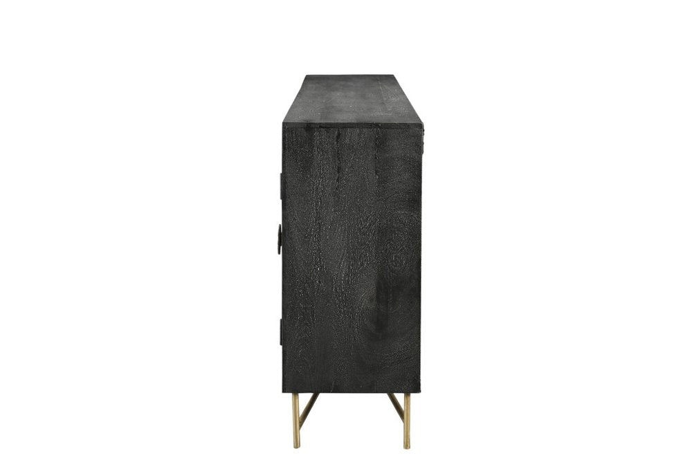 95" Black Distressed Solid Wood Carved Geometric Sideboard with Six Doors HomeRoots