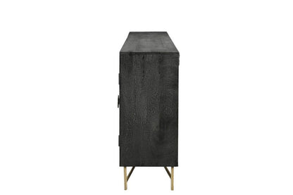 95" Black Distressed Solid Wood Carved Geometric Sideboard with Six Doors HomeRoots