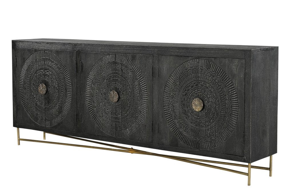 95" Black Distressed Solid Wood Carved Geometric Sideboard with Six Doors HomeRoots