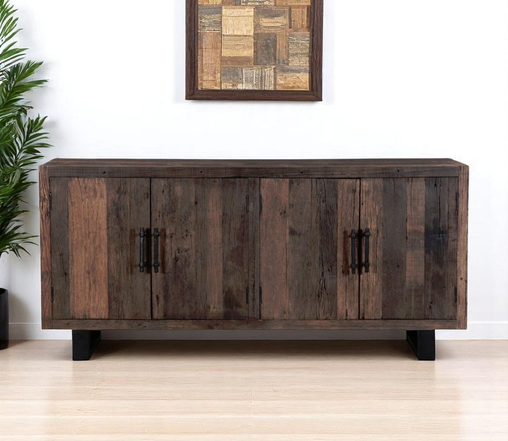 78" Dark Brown Distressed Reclaimed Wood Sideboard With Four Doors — view 8