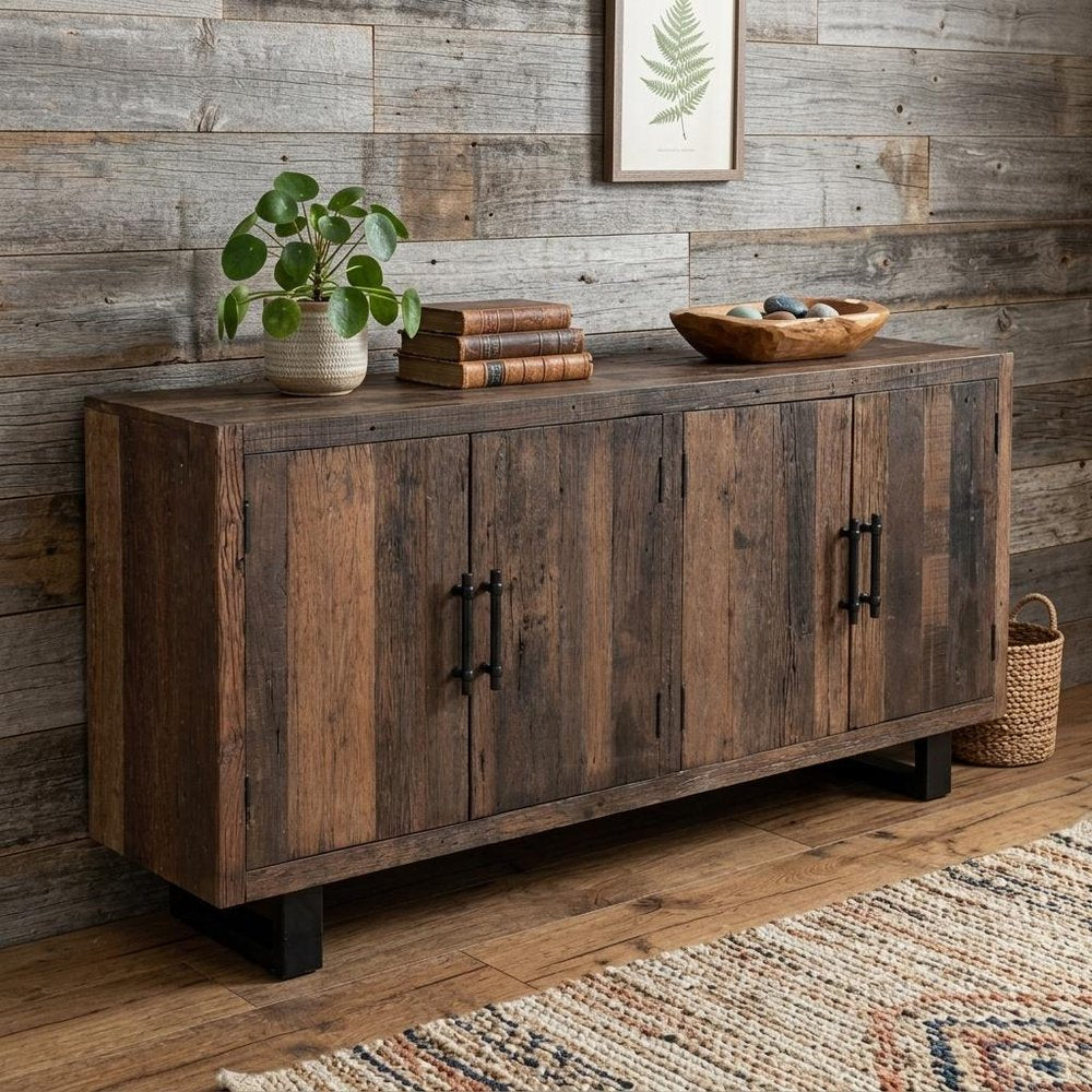 78" Dark Brown Distressed Reclaimed Wood Sideboard With Four Doors HomeRoots
