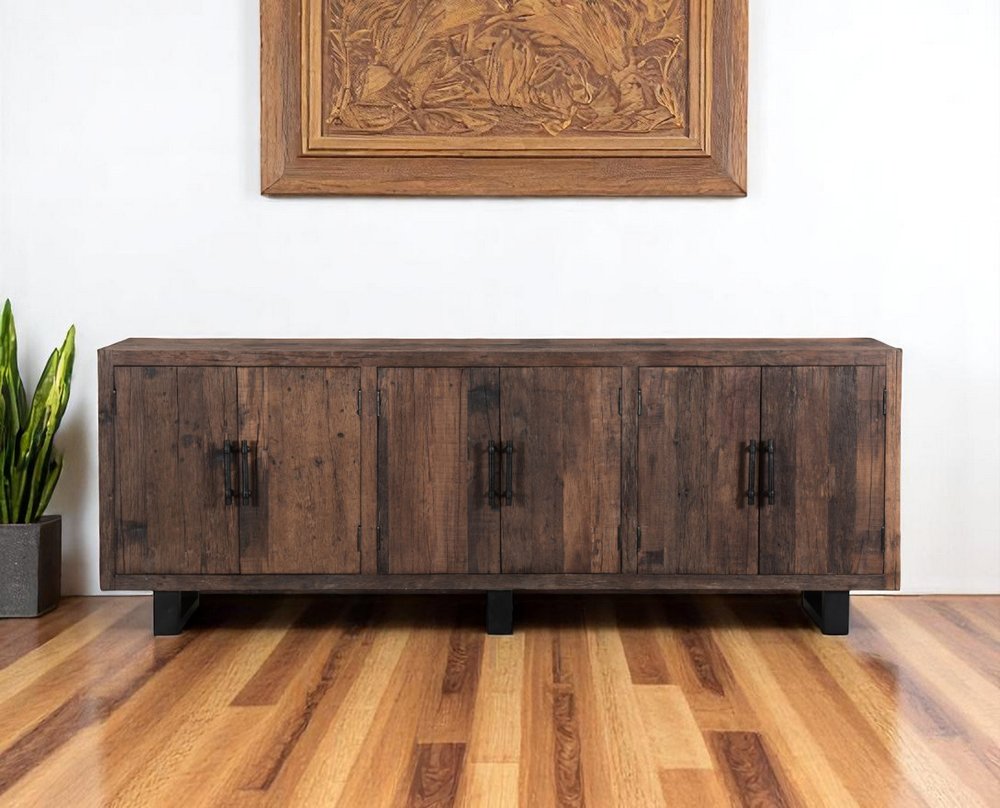 100" Dark Brown Distressed Reclaimed Wood Sideboard with Six Doors HomeRoots
