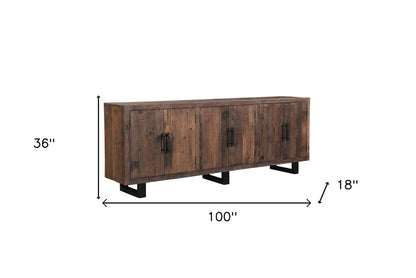 100" Dark Brown Distressed Reclaimed Wood Sideboard with Six Doors HomeRoots