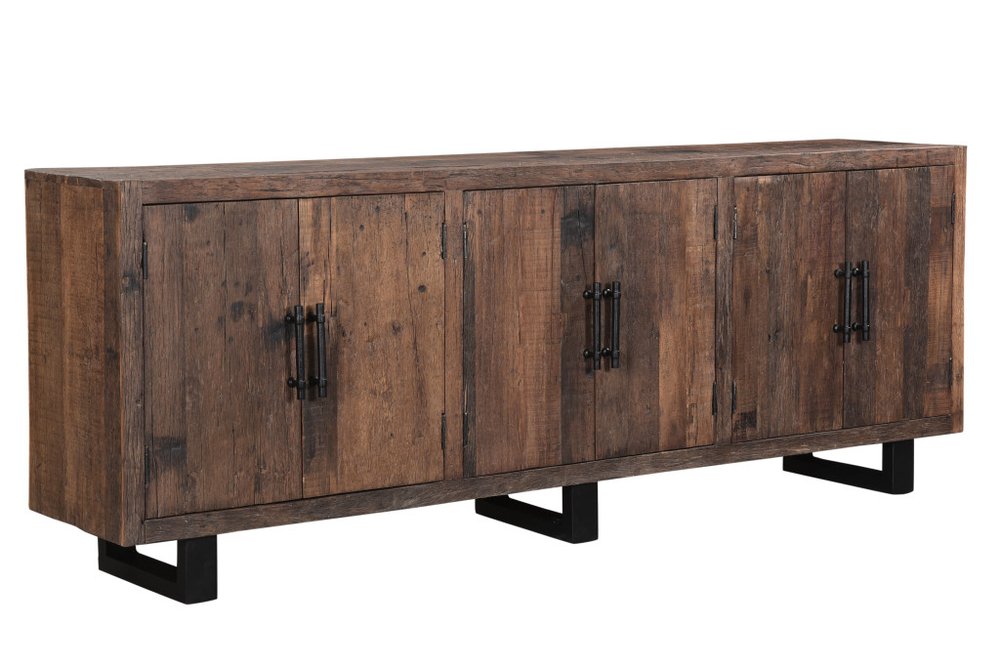 100" Dark Brown Distressed Reclaimed Wood Sideboard with Six Doors HomeRoots
