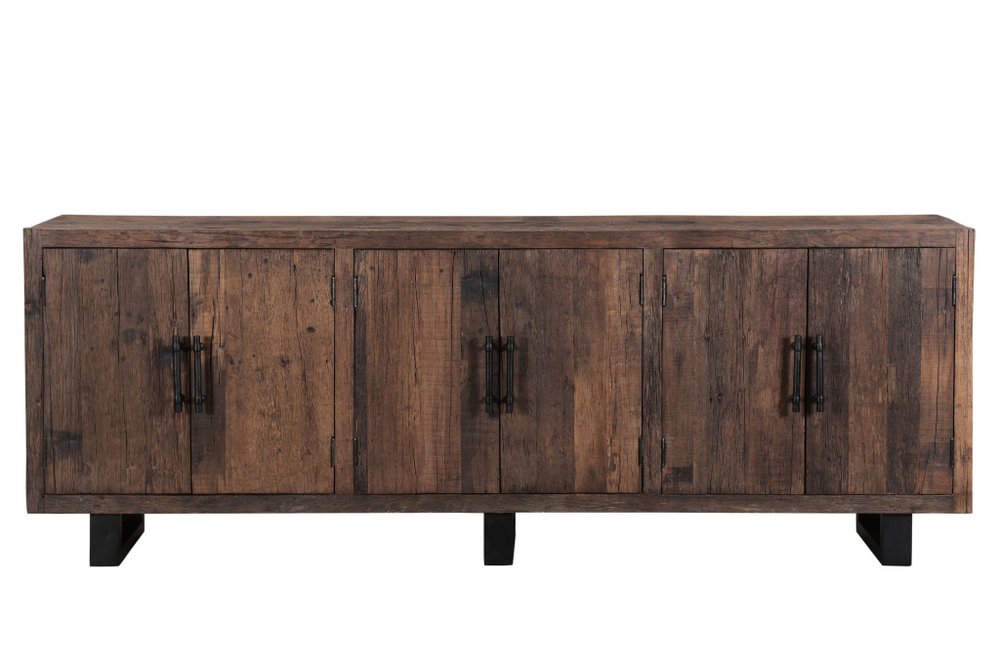 100" Dark Brown Distressed Reclaimed Wood Sideboard with Six Doors HomeRoots
