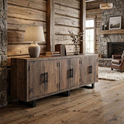 100" Dark Brown Distressed Reclaimed Wood Sideboard with Six Doors HomeRoots