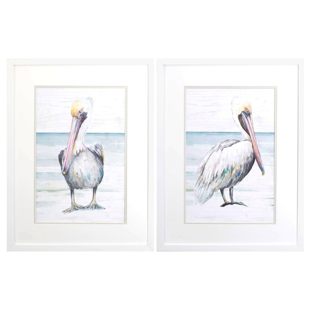 Set Of Two Pelican on the Shore White Framed Print Wall Art HomeRoots