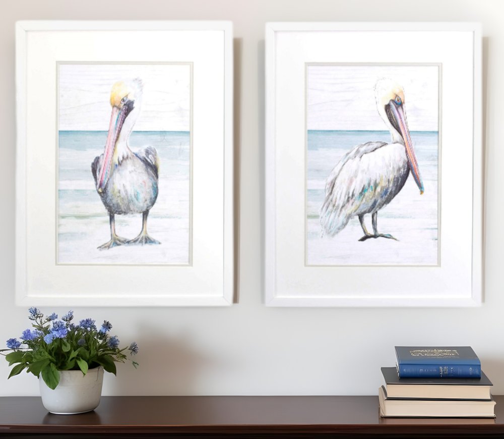 Set Of Two Pelican on the Shore White Framed Print Wall Art HomeRoots