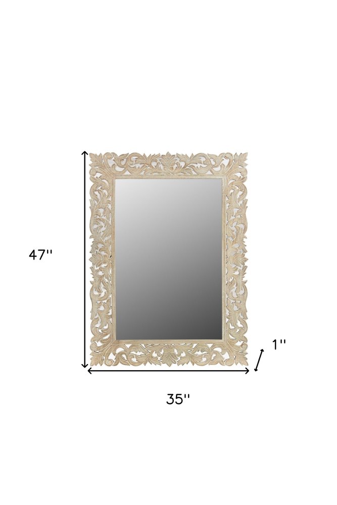 47" Antiqued White Solid Wood Carved Scrollwork Accent Mirror HomeRoots