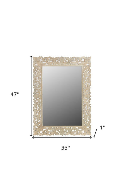 47" Antiqued White Solid Wood Carved Scrollwork Accent Mirror HomeRoots