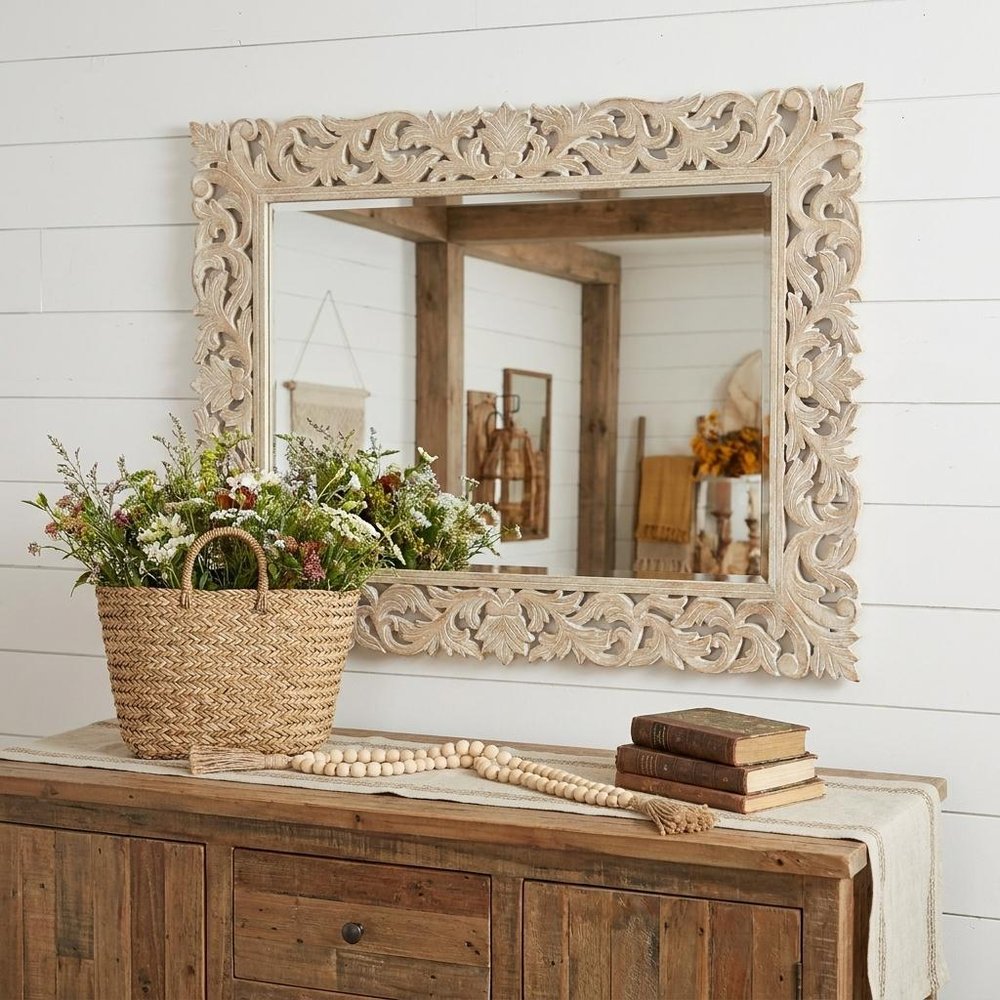 47" Antiqued White Solid Wood Carved Scrollwork Accent Mirror HomeRoots