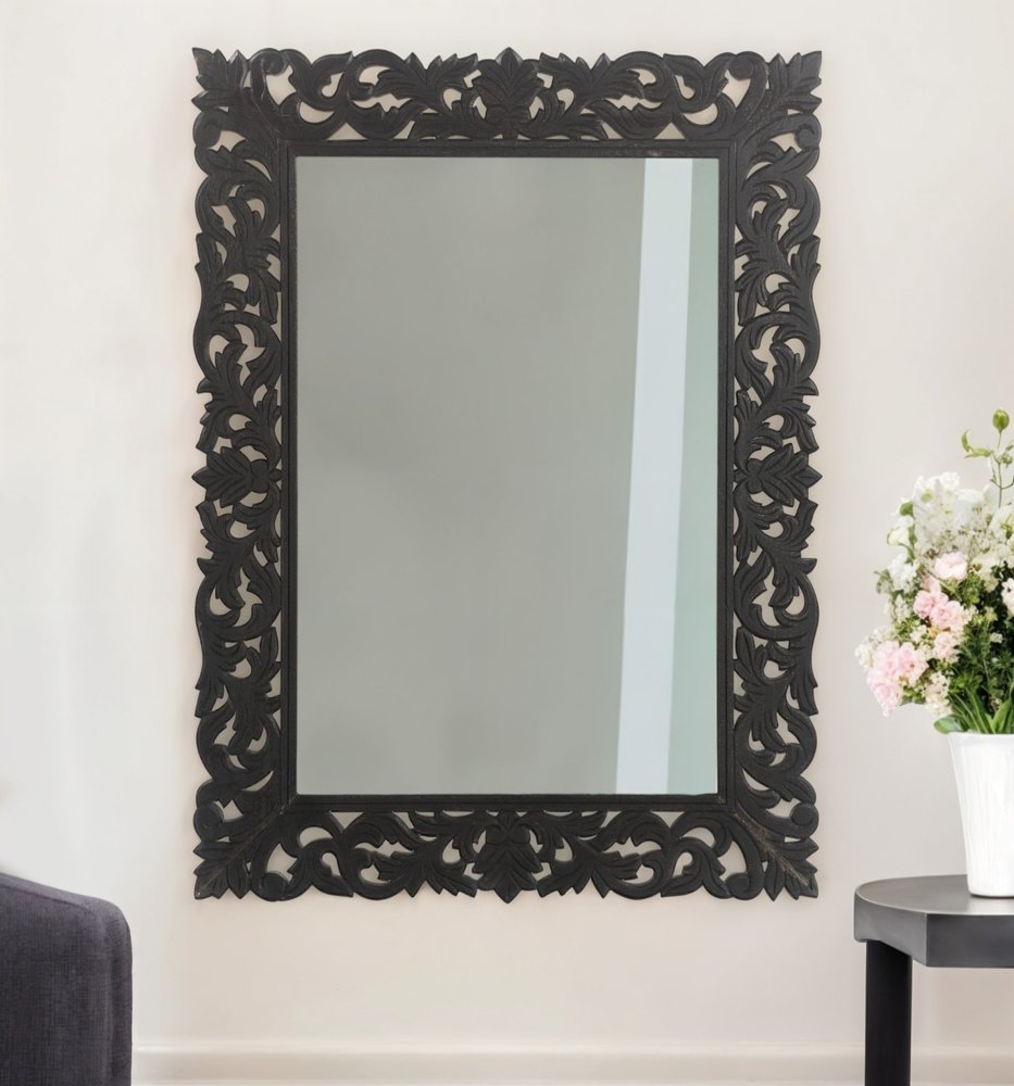 47" Black  Floral Carved Solid Wood Framed Accent Mirror HomeRoots