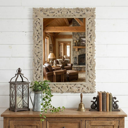 35" Gray Floral Carved Solid Wood Framed Accent Mirror HomeRoots