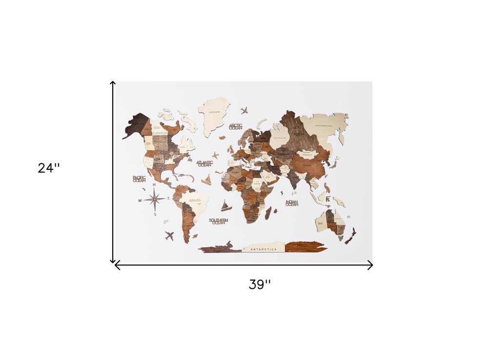 24" X 39" Brown and Beige Wood World Map Hanging Dimensional Sculpture — view 4