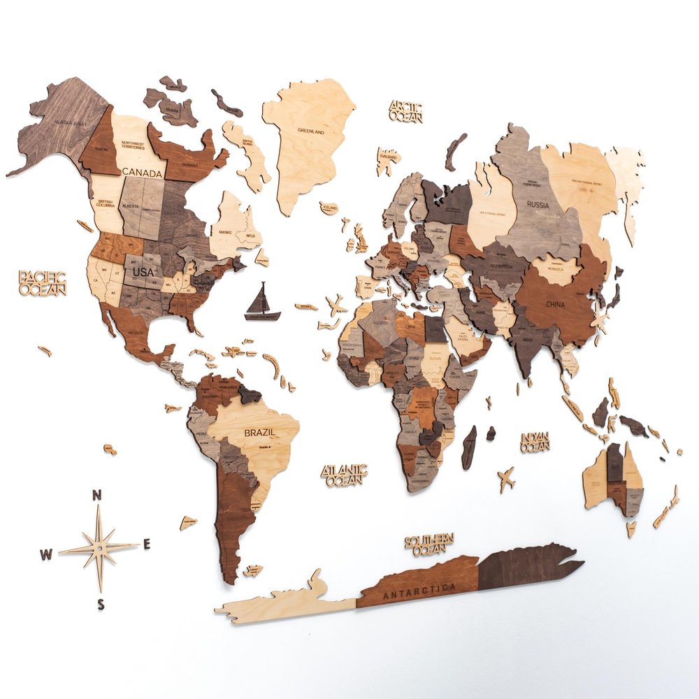 24" X 39" Brown and Beige Wood World Map Hanging Dimensional Sculpture — view 1