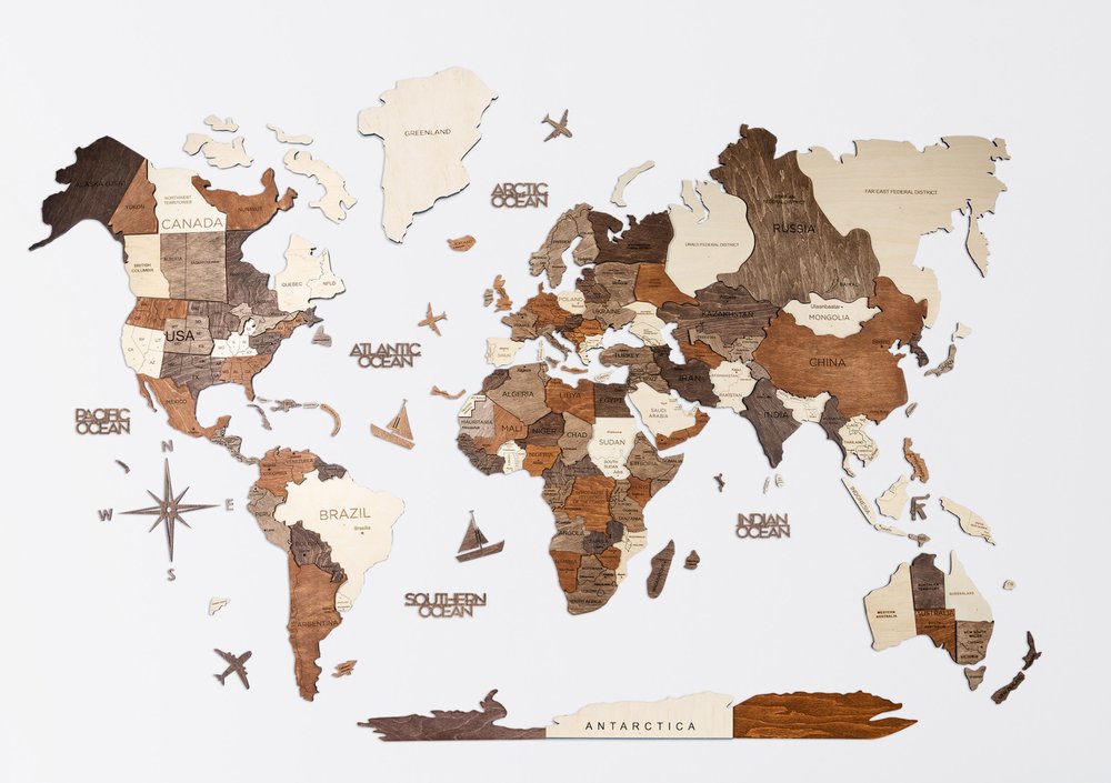 24" X 39" Brown and Beige Wood World Map Hanging Dimensional Sculpture — view 2