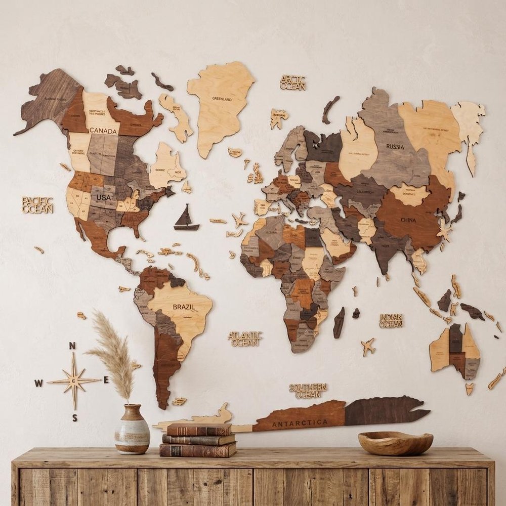 24" X 39" Brown and Beige Wood World Map Hanging Dimensional Sculpture — view 7