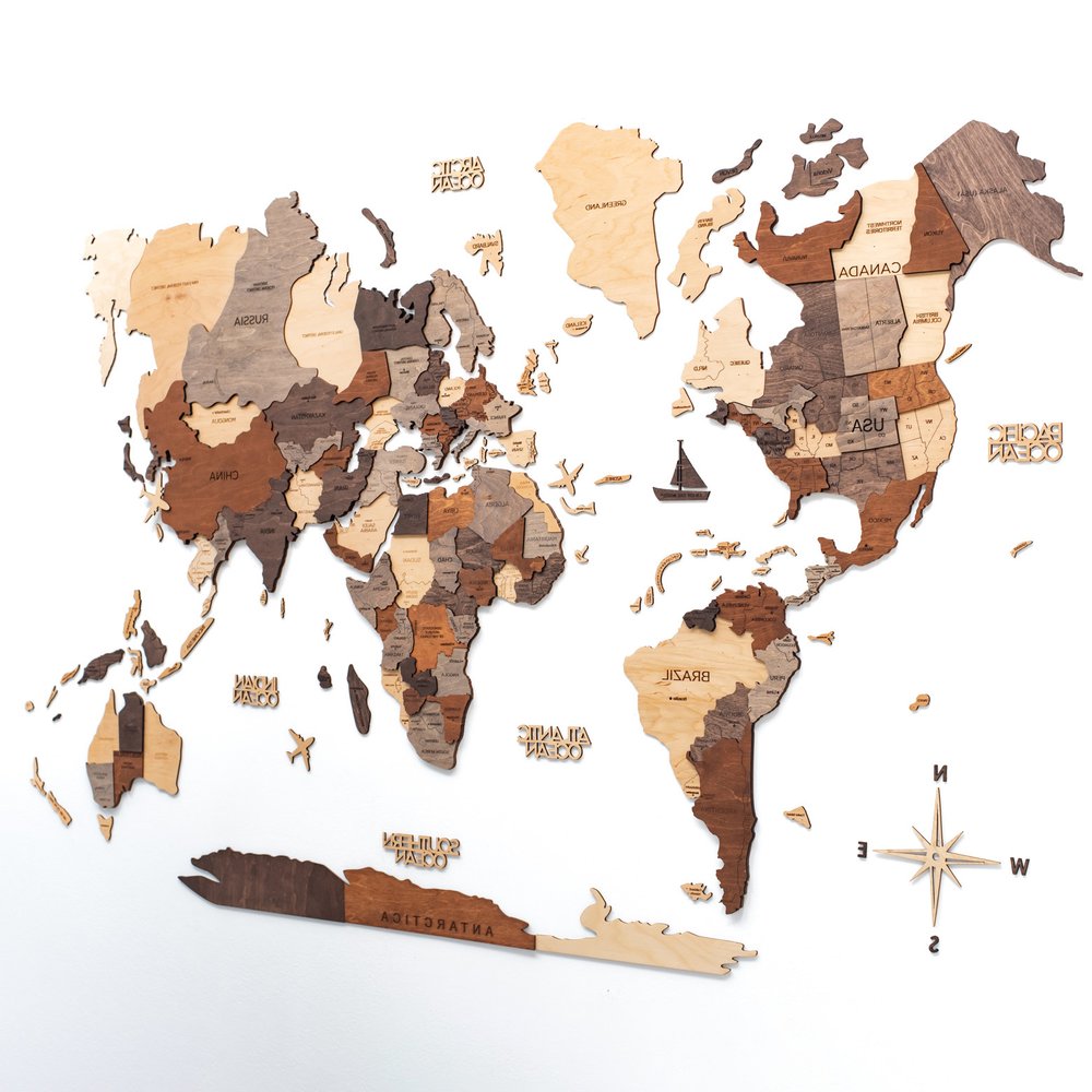 24" X 39" Brown and Beige Wood World Map Hanging Dimensional Sculpture — view 6