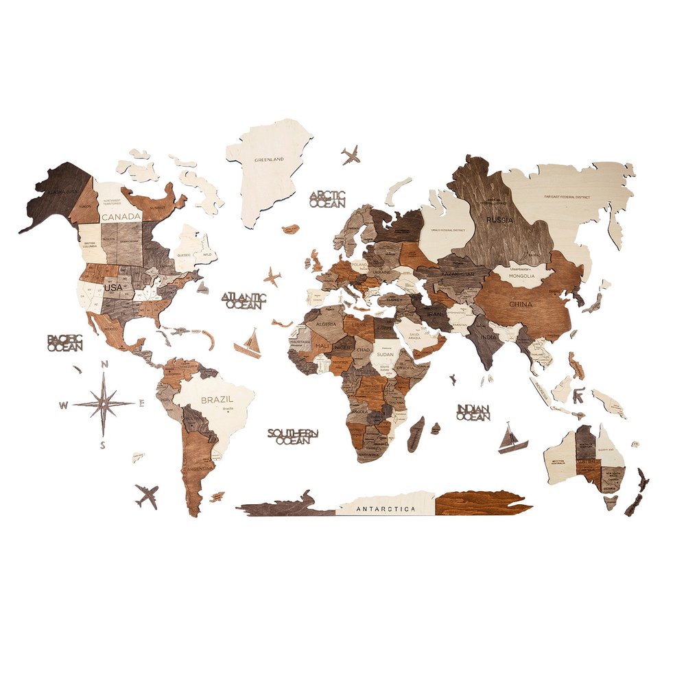 47" X 79" Brown and Beige Wood World Map Hanging Dimensional Sculpture — view 1