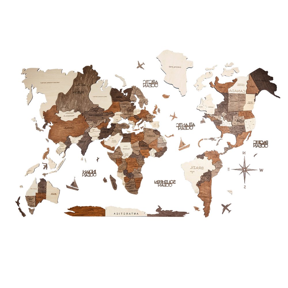 47" X 79" Brown and Beige Wood World Map Hanging Dimensional Sculpture — view 3