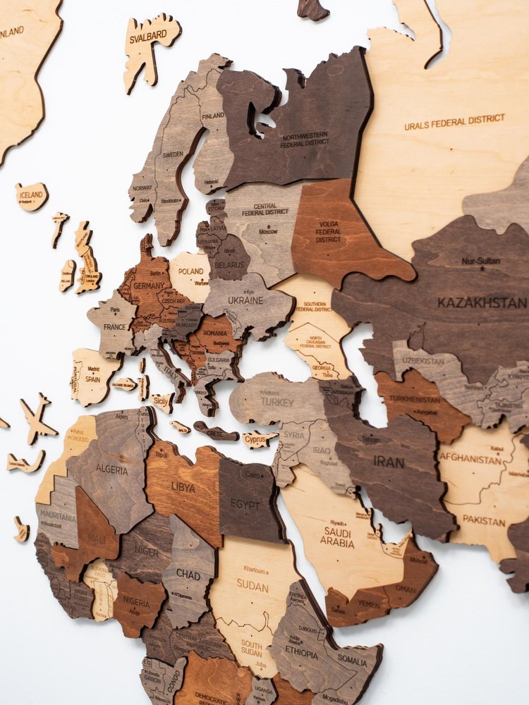 47" X 79" Brown and Beige Wood World Map Hanging Dimensional Sculpture — view 2