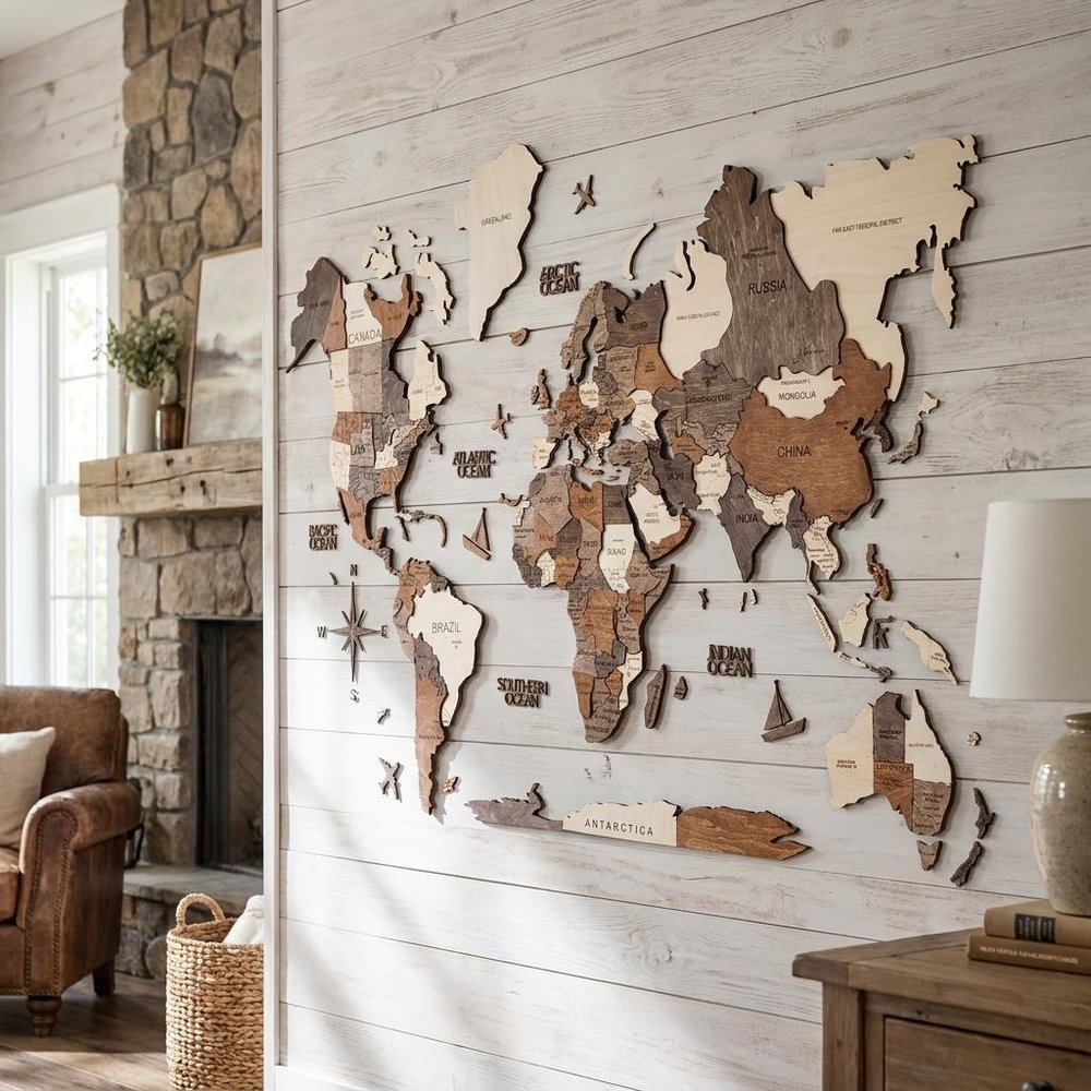47" X 79" Brown and Beige Wood World Map Hanging Dimensional Sculpture — view 5
