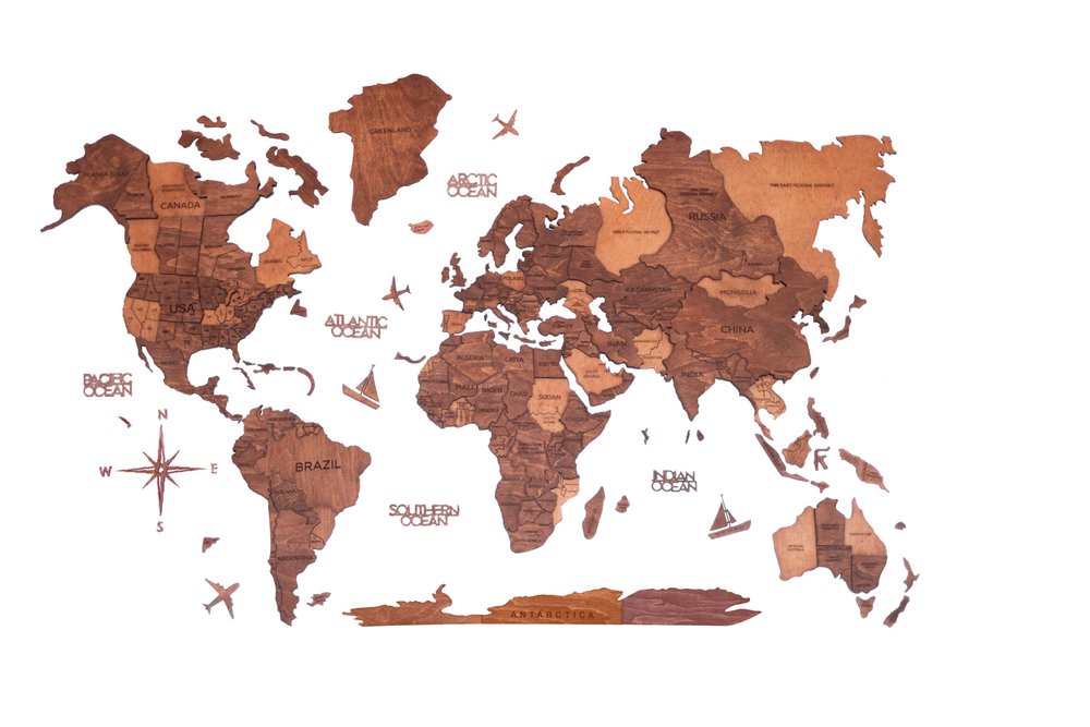 24" X 39" Brown and Tan Wood World Map Hanging Dimensional Sculpture — view 1