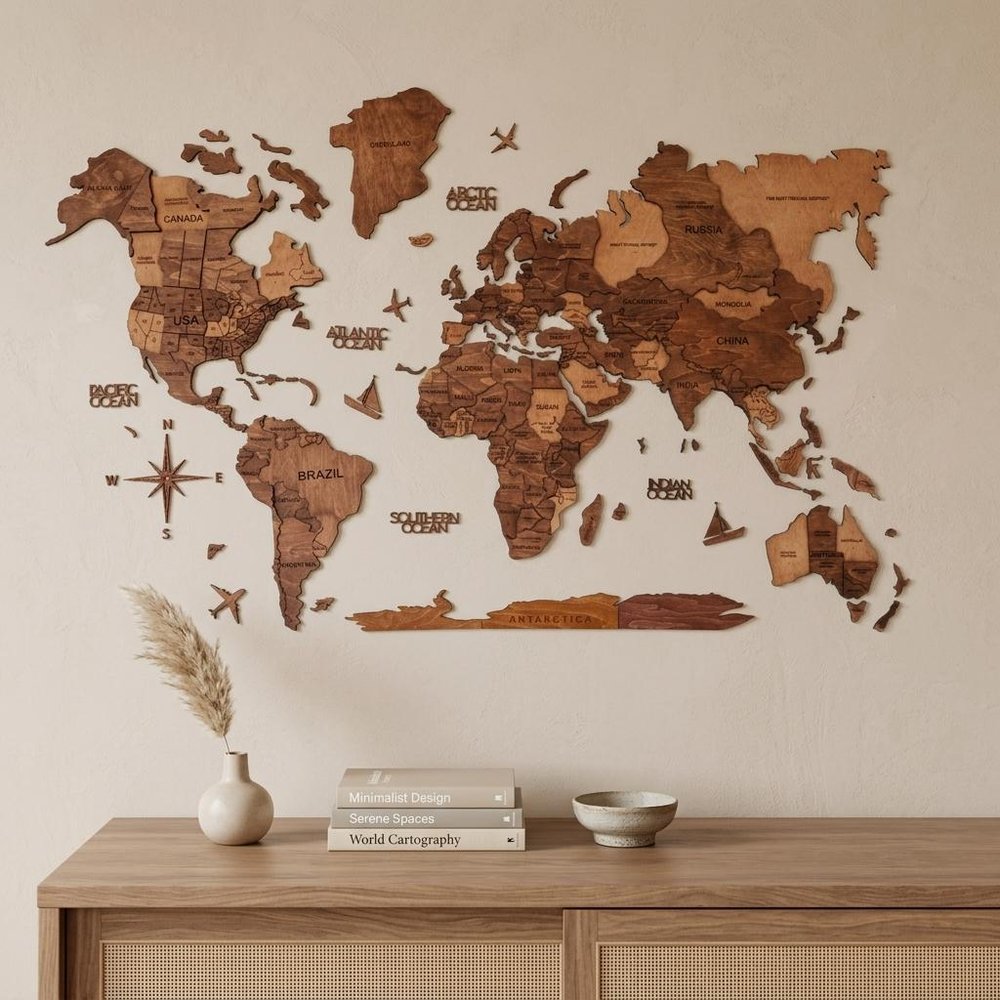 24" X 39" Brown and Tan Wood World Map Hanging Dimensional Sculpture — view 5