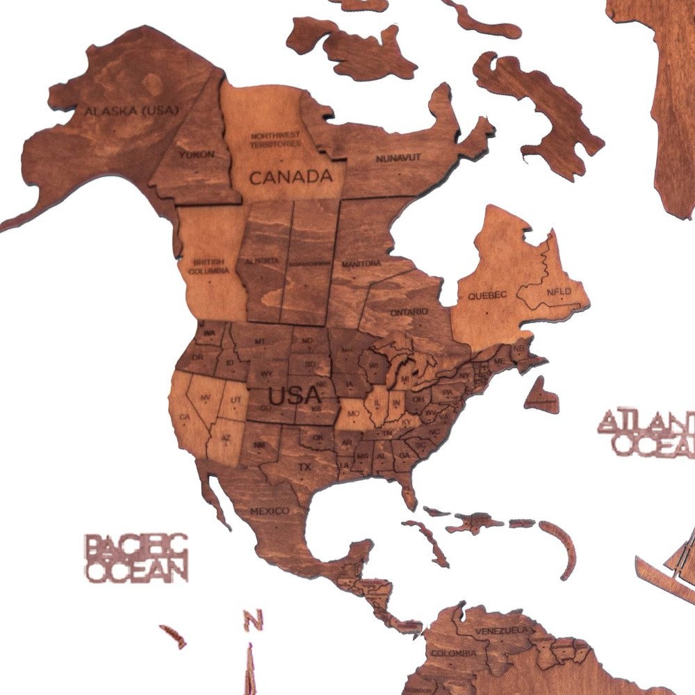 47" X 79" Brown and Tan Wood World Map Hanging Dimensional Sculpture — view 3