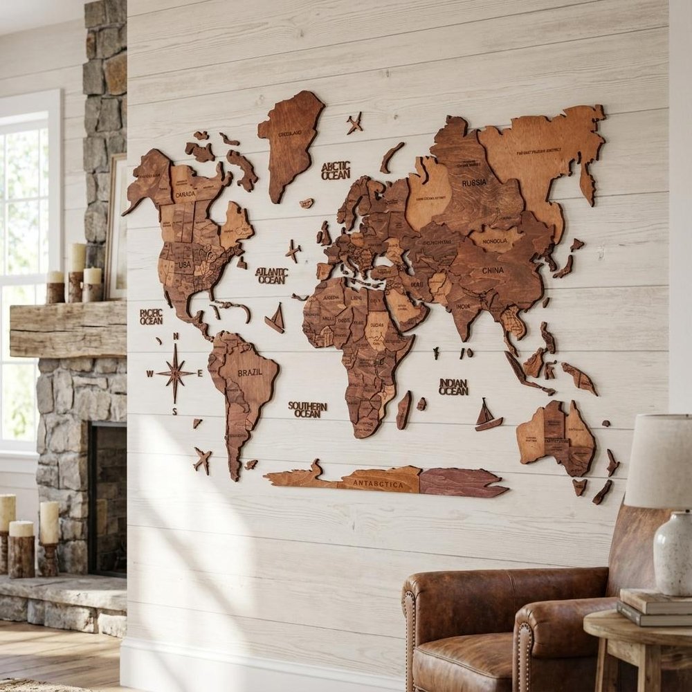 47" X 79" Brown and Tan Wood World Map Hanging Dimensional Sculpture — view 4