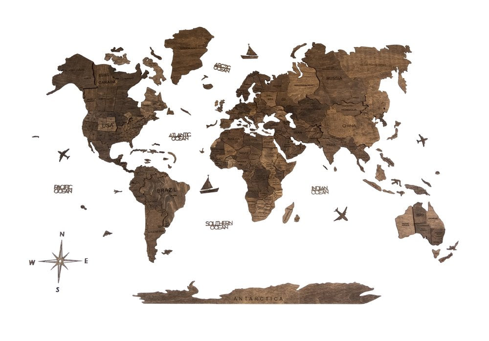 35" X 59" Dark Brown Wood World Map Hanging Dimensional Sculpture — view 1