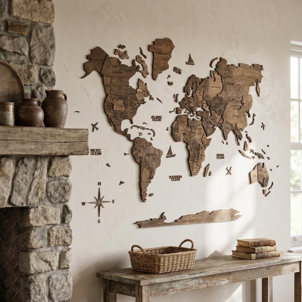 35" X 59" Dark Brown Wood World Map Hanging Dimensional Sculpture — view 6