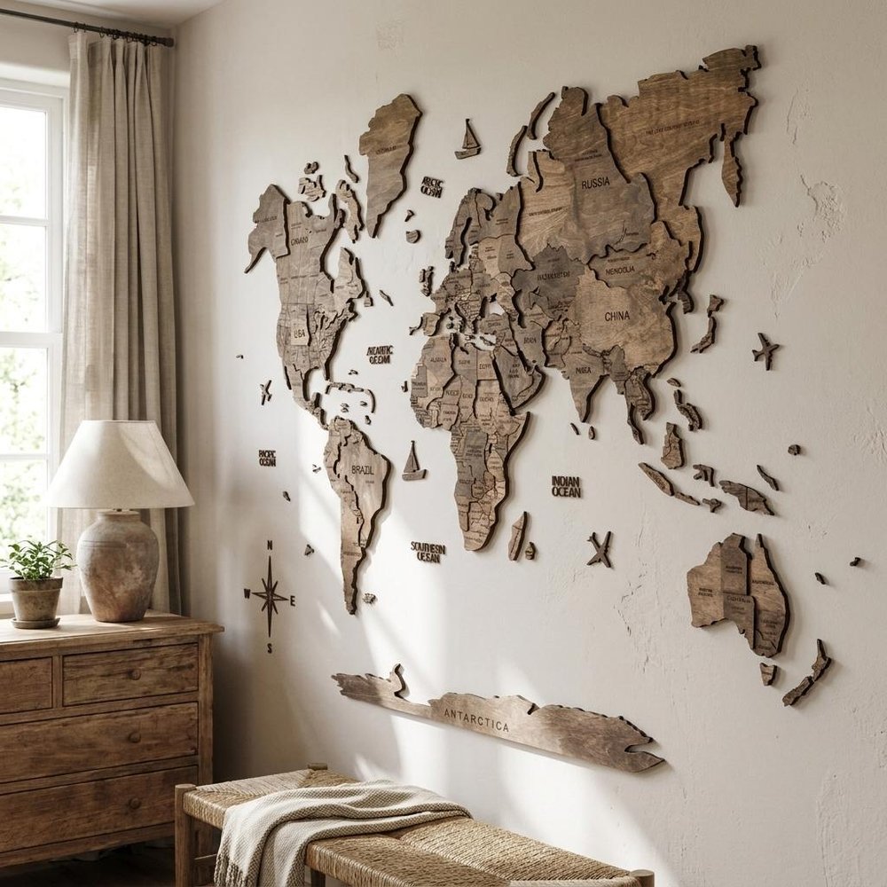 47" X 79" Dark Brown World Map Hanging Dimensional Sculpture — view 5