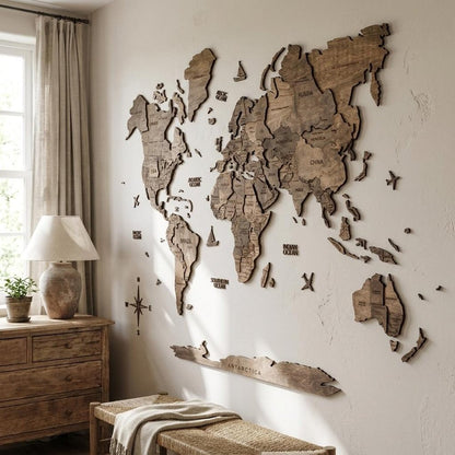47" X 79" Dark Brown World Map Hanging Dimensional Sculpture