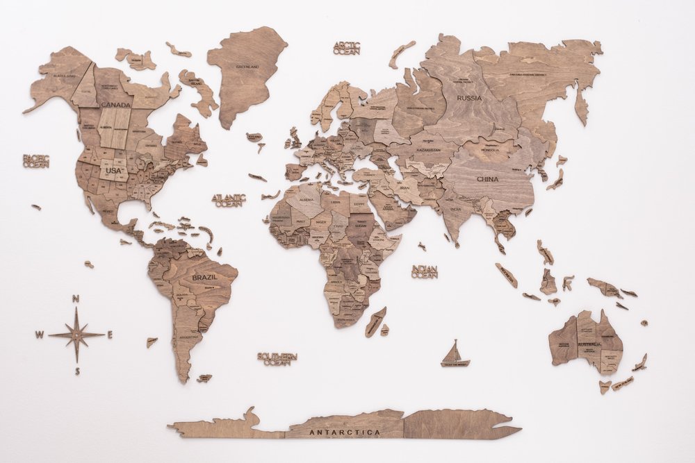 24" X 39" Brown World Map Hanging Dimensional Sculpture — view 1