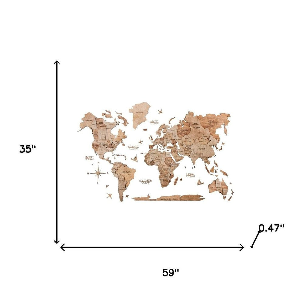 35" X 59" Wood Brown Wood World Map Hanging Dimensional Sculpture — view 3