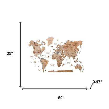 35" X 59" Wood Brown Wood World Map Hanging Dimensional Sculpture