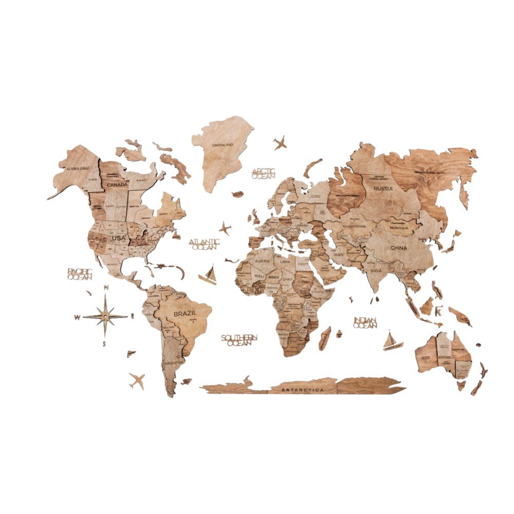 35" X 59" Wood Brown Wood World Map Hanging Dimensional Sculpture — view 2
