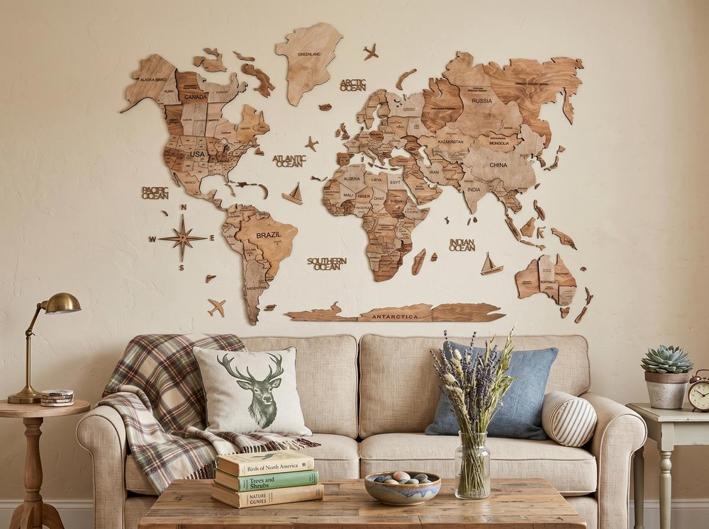 35" X 59" Wood Brown Wood World Map Hanging Dimensional Sculpture — view 4