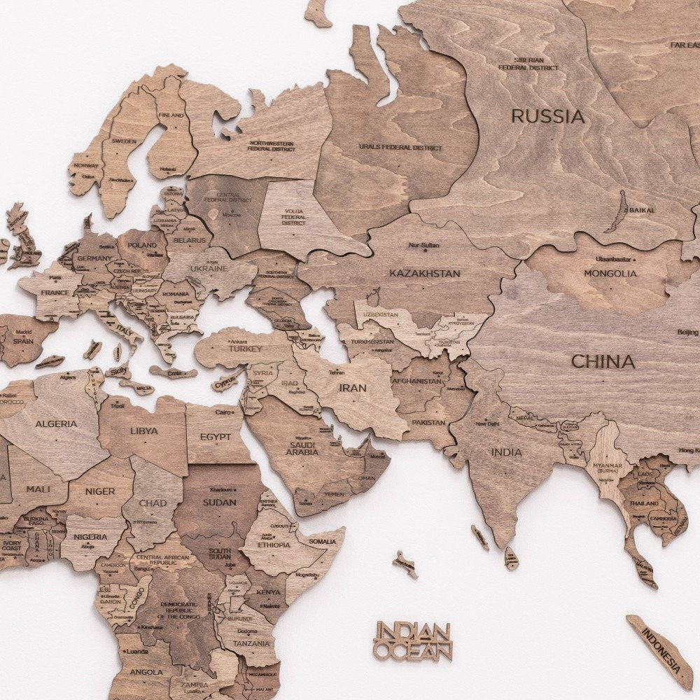 47" X 79" Brown World Map Hanging Dimensional Sculpture — view 3