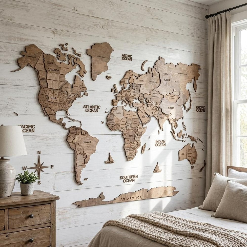 47" X 79" Brown World Map Hanging Dimensional Sculpture — view 5