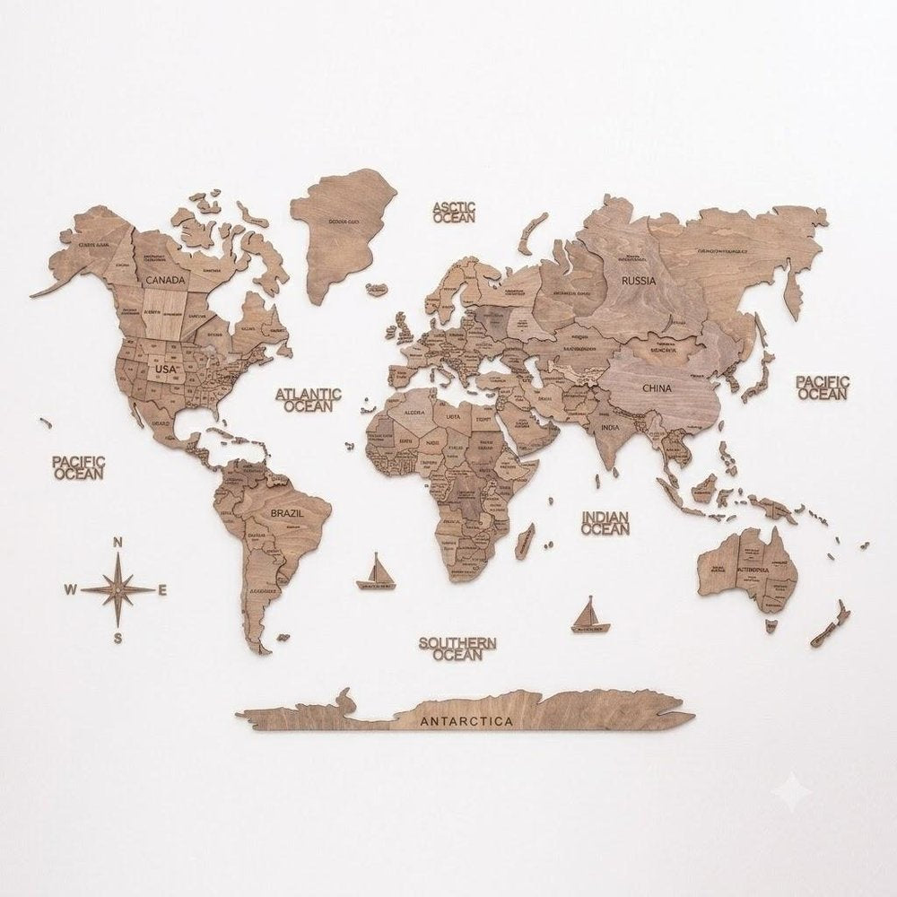 47" X 79" Brown World Map Hanging Dimensional Sculpture — view 4
