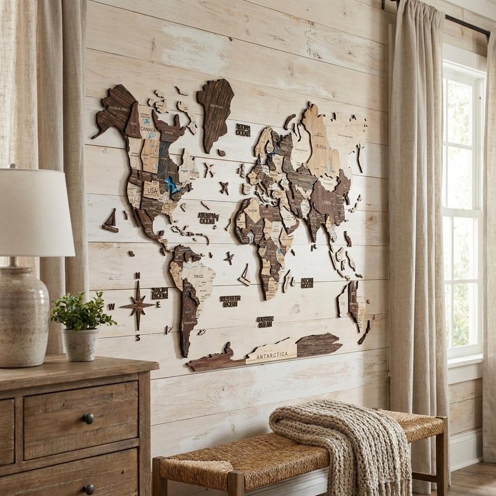 35" X 59" Beige And Brown World Map Hanging Dimensional Sculpture — view 4