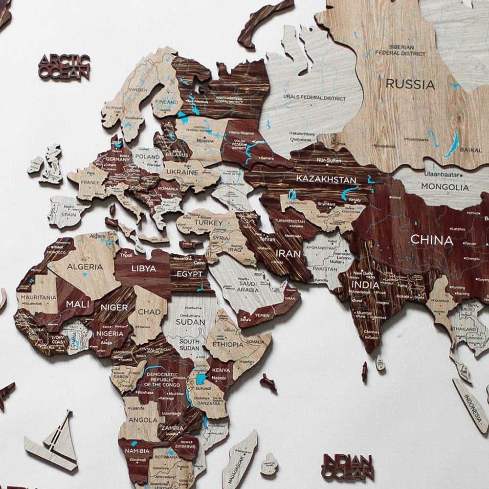 35" X 59" Beige And Brown World Map Hanging Dimensional Sculpture — view 1